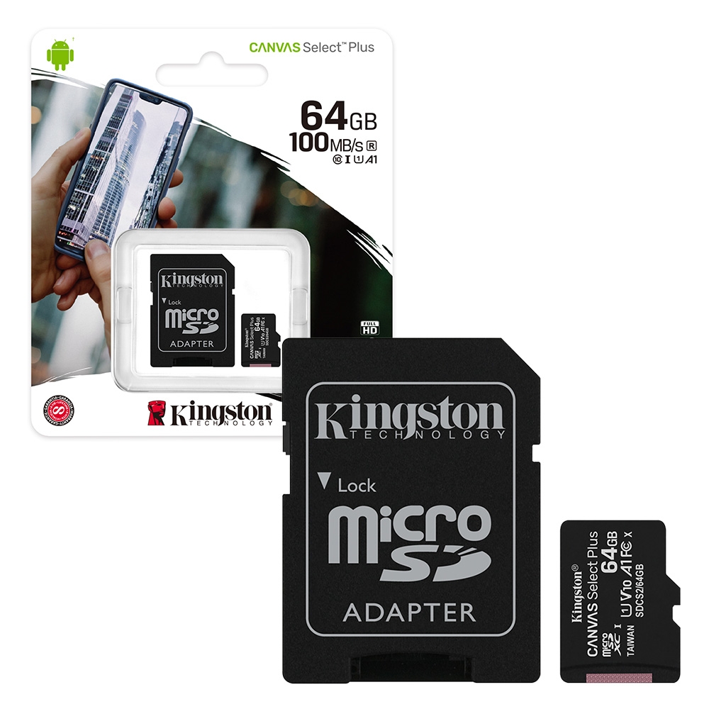 Kingston Canvas Select Plus MicroSDXC Memory Card 100MB/s UHS-1 U1 A1 V30 Class 10 with Adapter - 64GB SDCS2/64GB 740617298697