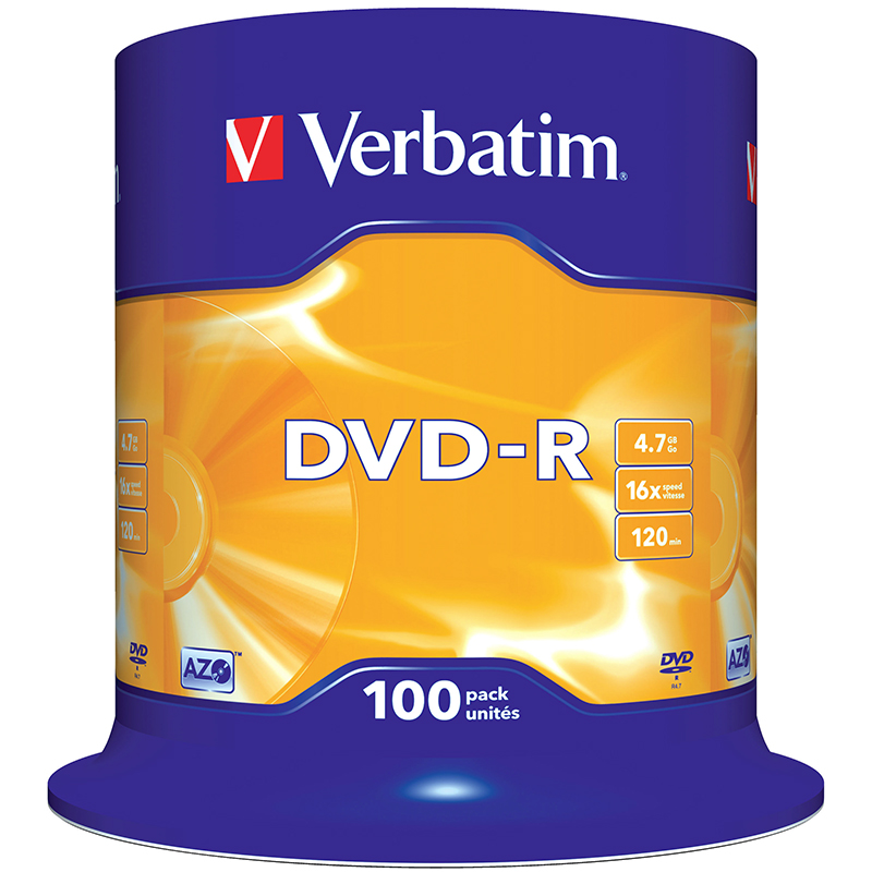 Verbatim DVD-R Matt Silver Discs 4.7GB - 16x Speed - 120min - Spindle Pack of 100 Discs