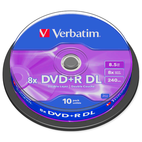 Verbatim DVD+R DL 8x Matt Silver - 8.5GB 240min - 10x Spindle - 43666