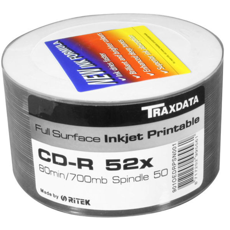 Traxdata / Ritek CD-R 52x Full Surface Inkjet Printable Discs - 700MB 80min - Spindle Pack of 50
