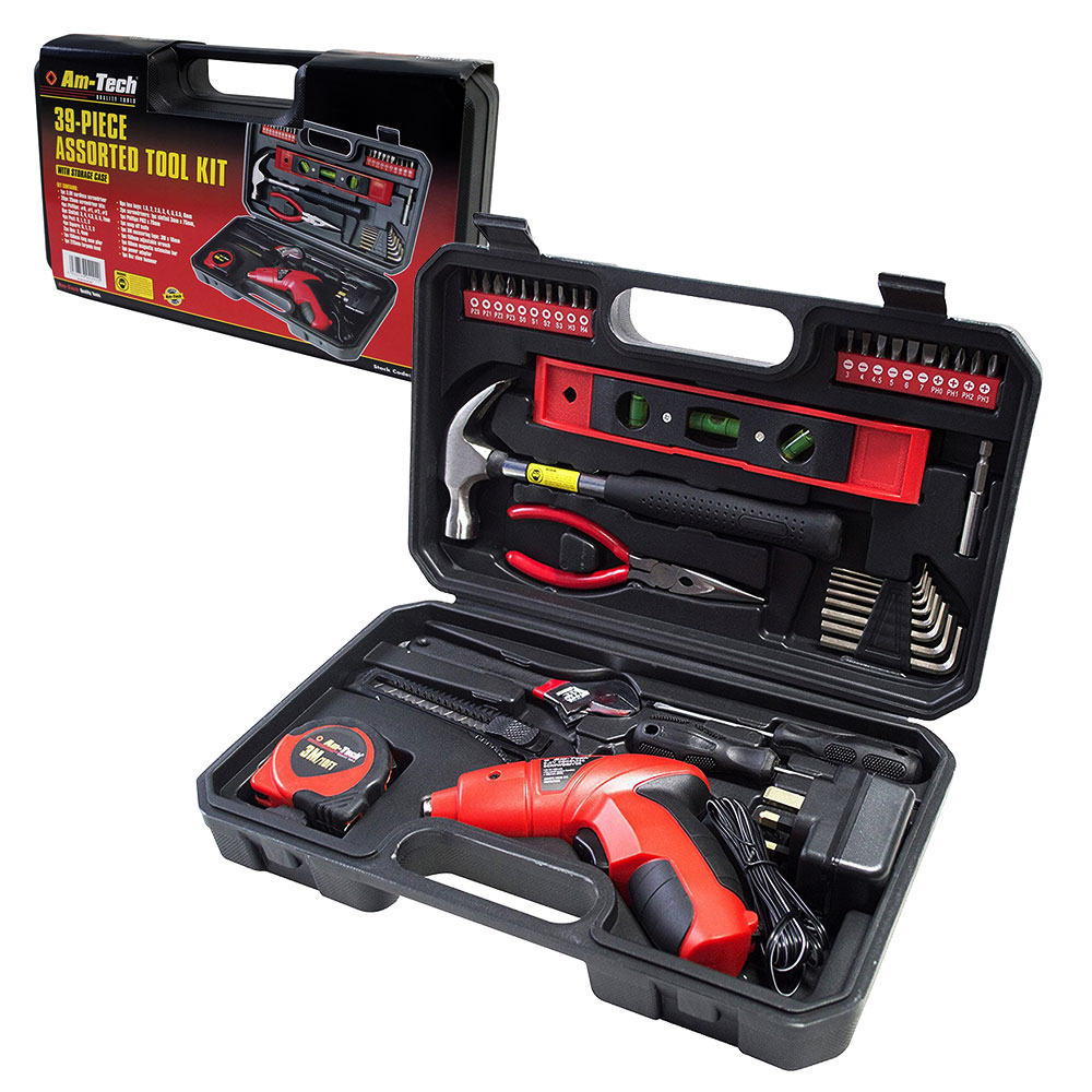 Am-Tech 39pc Assorted DIY Tool Kit with Electric Screwdriver and Storage Case