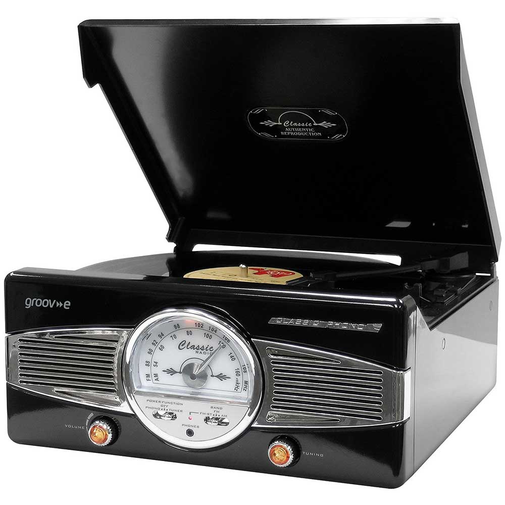 Groov-e Classic Vinyl Record Player with FM Radio, Built-in Speakers and RCA Output - Black