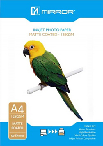 Mirror A4 128GSM Matte Coated Photo Paper for Inkjet Printers - 50 Sheets Pack