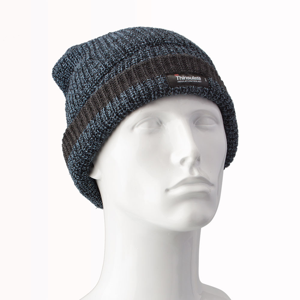 Mens Fisherman Knit Thinsulate Beanie Hat - Light Blue with Charcoal stripe