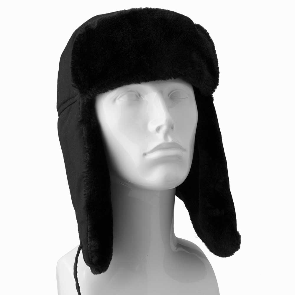 Black Waterproof “Unisex” Trapper / Sherpa Hat with Black Fur Lining - Small to Medium
