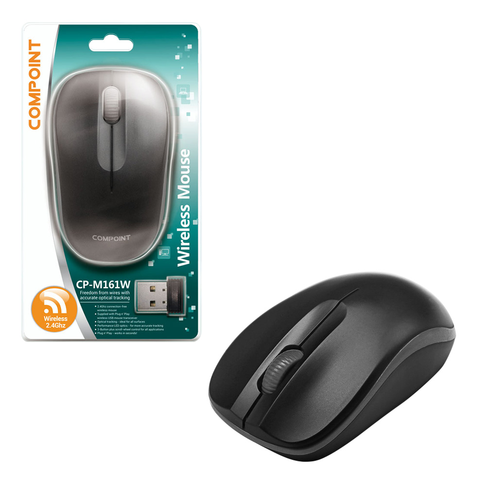 Compoint 3 Button Wireless 2.4Ghz Optical Mouse with Nano Adapter Model MW161W - BLACK