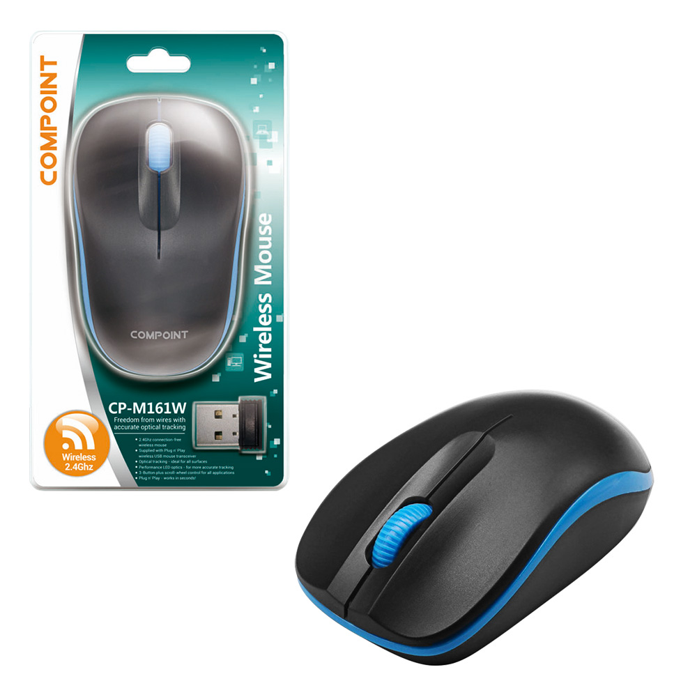 Compoint 3 Button Wireless 2.4Ghz Optical Mouse with Nano Adapter Model MW161W - BLACK AND BLUE