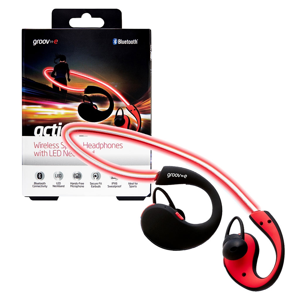 Consumer Electronics Groov-e Bluetooth Headset Headphones with Mic Sports & Action with LED Neckband - RED