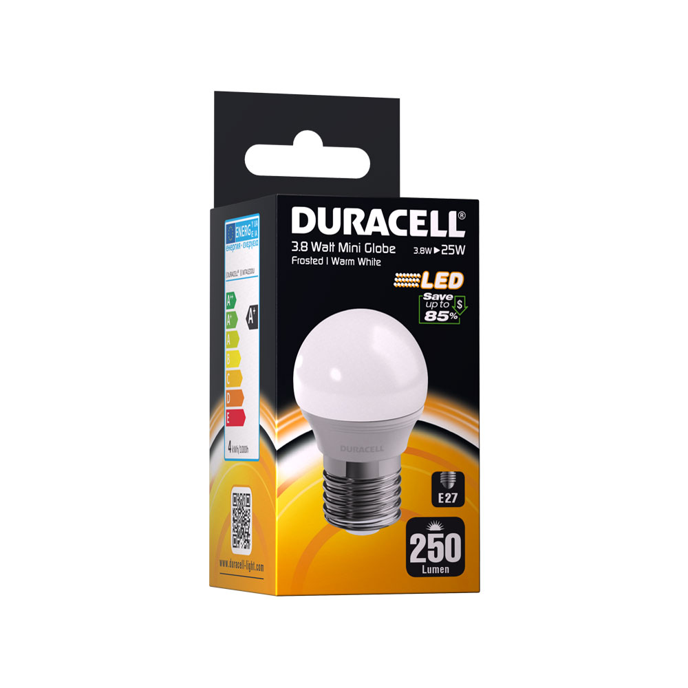 Duracell E27 LED Light Bulb Mini Globe Golf Ball 3.8W 25W Eqv Frosted Warm White