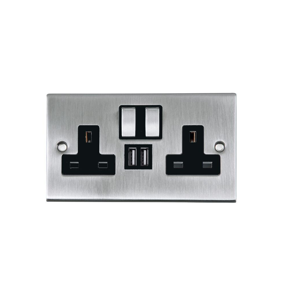 Power Knight 2 Way UK Power Socket With USB Charging Ports Wall Plate - Brushed Chrome
