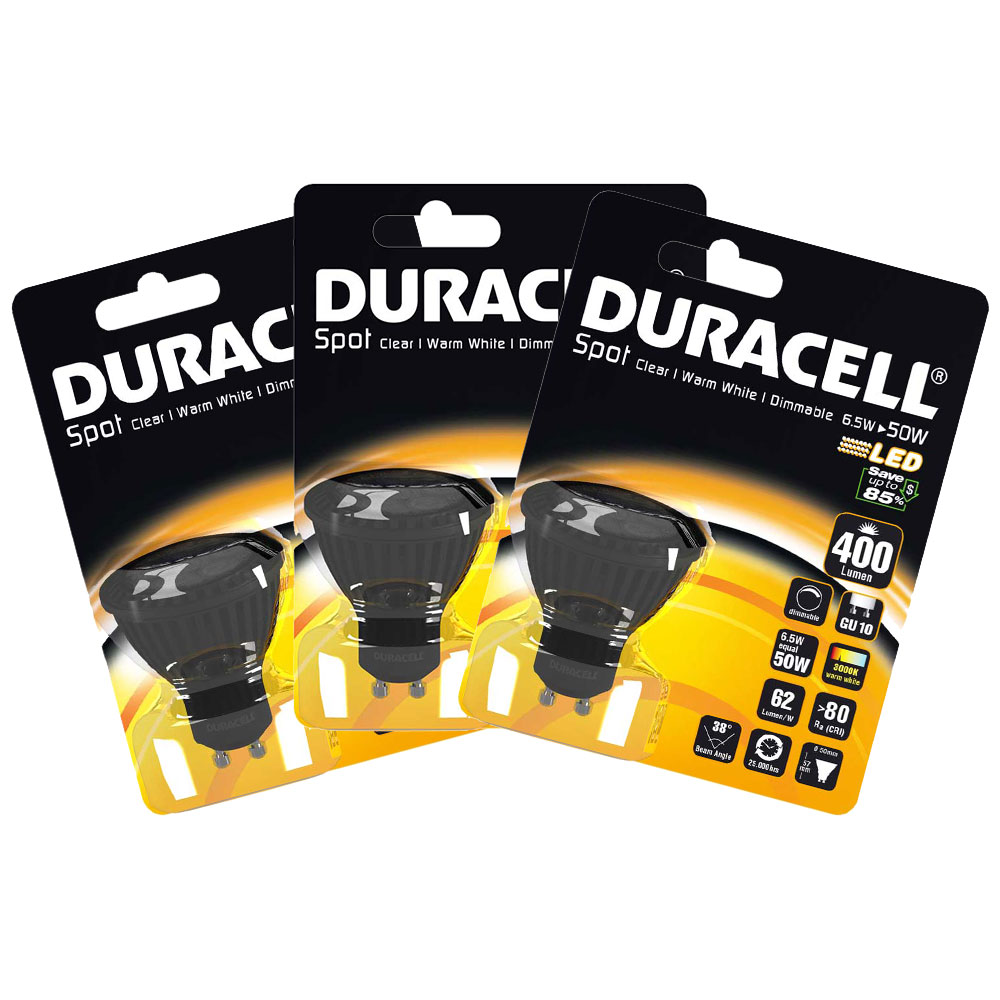 Duracell GU10 LED Spot Light Bulb 6.5W 50W Equivalent Dimmable Warm White - Value 3 PACK