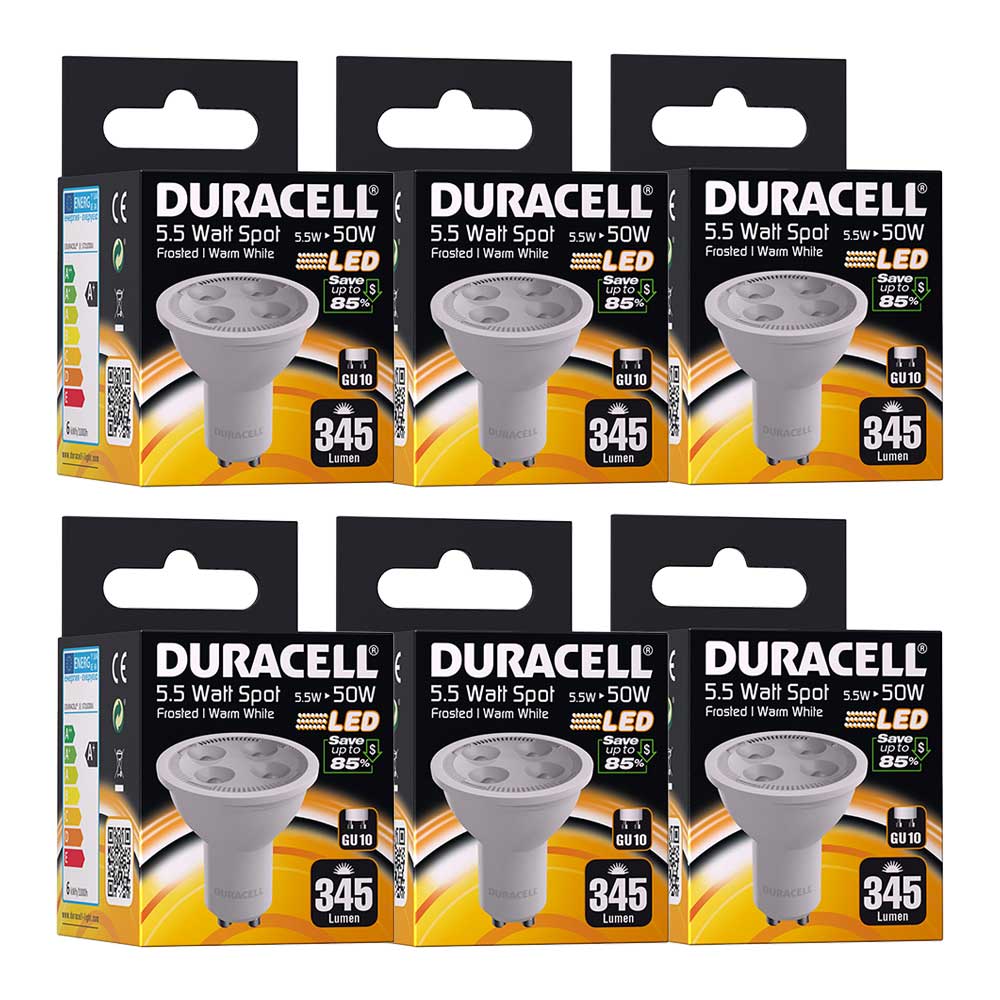 Duracell GU10 LED Spot Light Bulb 5.5W 50W Equivalent Frosted Glass Warm White - Extra Value 6 Pack